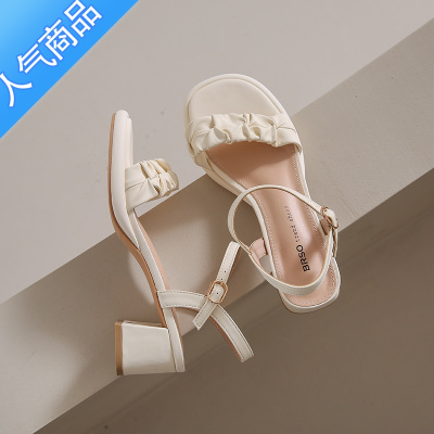 SUNTEK凉鞋女2023新款夏季粗跟高跟鞋时尚一字带法式配裙子中跟气质方跟