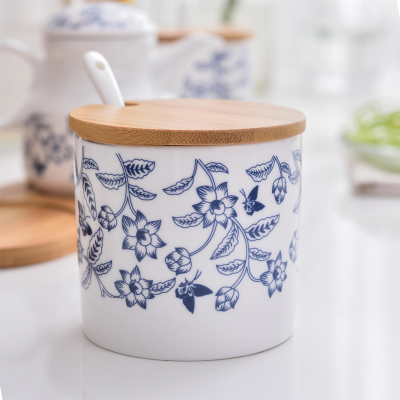 陶瓷油泼辣椒罐创意陶瓷调味罐厨房调味瓶罐调料瓶盒盐罐味精瓶 敬平 青花木盖