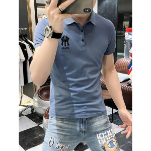 夏装新款翻领POLO衫男短袖潮流青年美式简约刺绣字母纯色翻领T恤