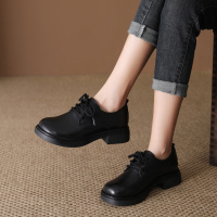 头层牛皮乐福鞋女2026春季新款复古透气粗跟圆头百搭舒适系带单鞋