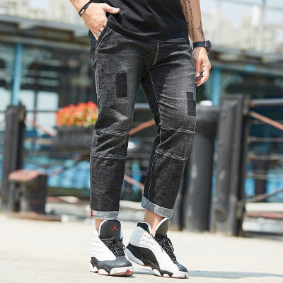 珂卡慕(KEKAMU)大码男装牛仔裤夏天加肥加大胖子肥佬潮牌宽松纯棉小脚弹力九分裤黑色