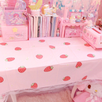 美帮汇少女心莓桌布 蕾丝边印花学生宿舍桌子桌布粉嫩拍照背景布棉