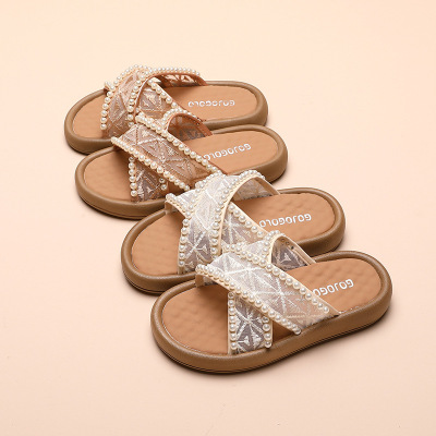 女童交叉带串珠休闲凉拖鞋2026夏季公主鞋韩版居家外穿凉拖鞋