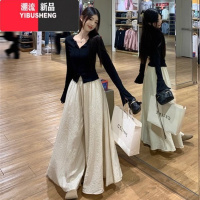 YIBUSHENG新中式国风裤子女2024新款高腰阔腿裤垂感裤裙休闲裤套装小个子
