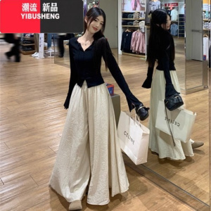 YIBUSHENG新中式国风裤子女2024新款高腰阔腿裤垂感裤裙休闲裤套装小个子