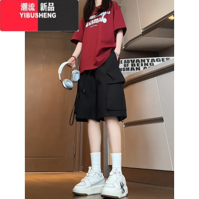 YIBUSHENG黑色工装短裤女季薄款美式机能速干运动裤子宽松大码休闲五分裤