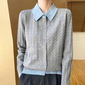 拼接翻领假两件针织开衫女春秋新款宽松麻花毛衣外套上衣