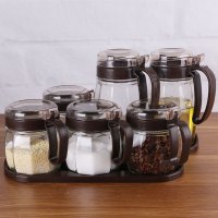 六件套玻璃调料盒厨房调味瓶罐调料罐油瓶家用盐罐装作料盒子套装 敬平 2油壶+4调味+2底座(咖色)调味罐