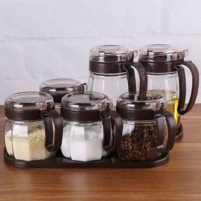 六件套玻璃调料盒厨房调味瓶罐调料罐油瓶家用盐罐装作料盒子套装 敬平 2油壶+4调味+2底座(咖色)调味罐