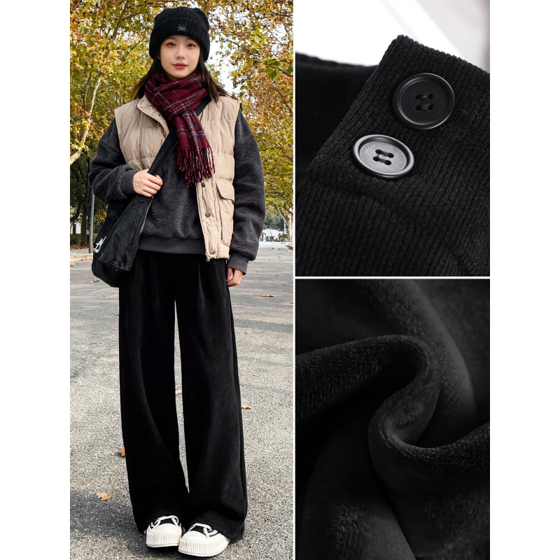 黑色加绒裤子女新款冬加厚灯芯绒西装裤雪尼尔棉裤直筒阔腿裤_222