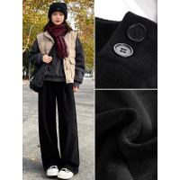 黑色加绒裤子女新款冬加厚灯芯绒西装裤雪尼尔棉裤直筒阔腿裤_222
