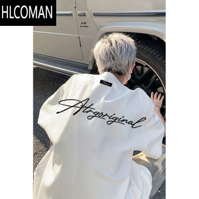 HLCOMAN美式复古刺绣字母高街t恤夏季潮牌短袖男情侣装高级感半袖女