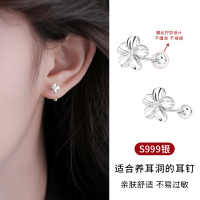 999纯银栀子花耳钉女防掉螺丝拧扣养耳洞耳环睡觉免摘花朵银耳饰