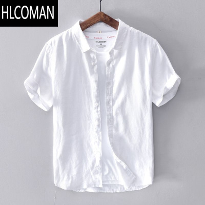 HLCOMAN亚麻衬衫男短袖宽松夏季薄款简约纯白色棉麻衬衣商务休闲寸衫外套