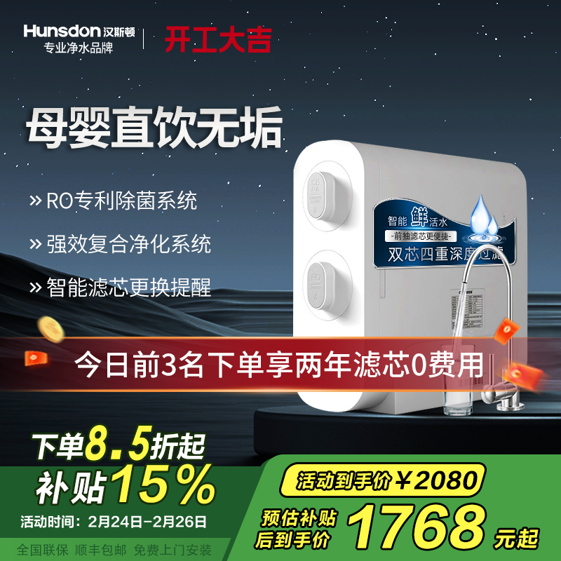 汉斯顿/Hunsdon 0阻垢剂添加净水器家用直饮净水机厨下式RO反渗透母婴直饮机自来水过滤器D3