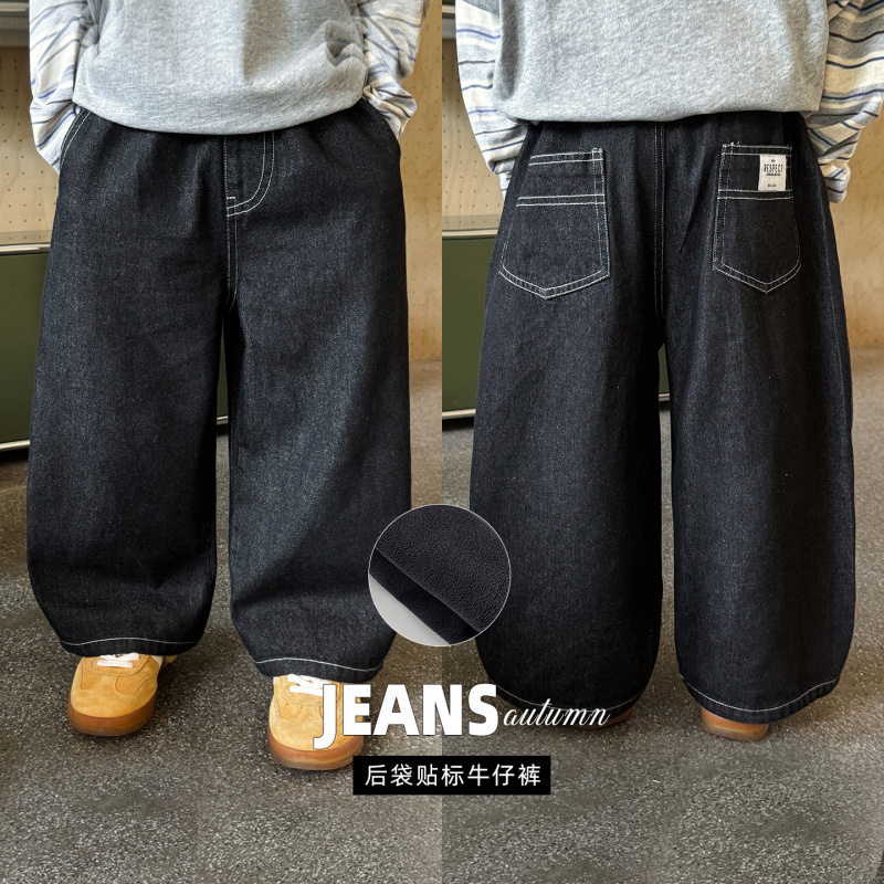 童酷男童冬季新款山系贴标宝宝休闲裤百搭净色加绒儿童牛仔裤