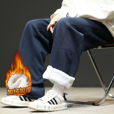 潮牌秋季新款抽绳松紧腰美式羊羔绒休闲宽松直筒加绒长裤男