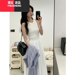 YIBUSHENG初恋白色连衣裙长款法式吊带背心小白裙无袖长裙子季套装到脚踝