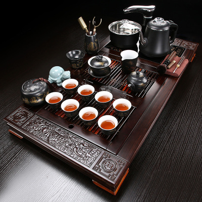 实木功夫茶具套组黑檀实木茶盘茶具套装紫砂整套功夫办公室会客全自动一体家用黑檀木财到-霁黑如意（防烫黑）25件