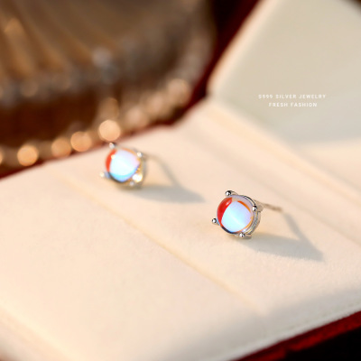 s999足银幻彩月光石圆形耳钉女简约小清新迷你高级感小众純銀耳饰送女朋友老婆情人节七夕生日礼物