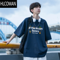 HLCOMAN藏青色短袖t恤男夏季露营字母印花半袖宽松体恤