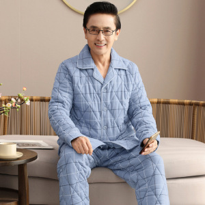 冬季睡衣男士开衫长袖夹层条纹三层加厚保暖大码夹棉袄珊瑚绒睡衣