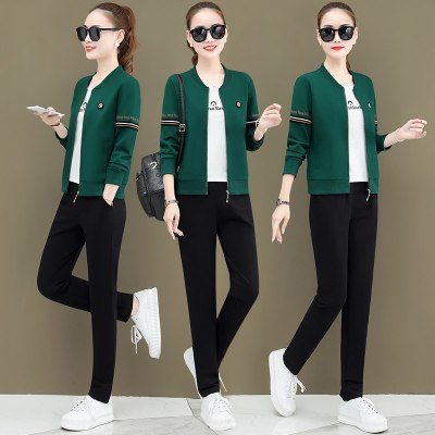 运动套装女春秋季薄款时尚休闲女装宽松棒球服卫衣立领外套三件套