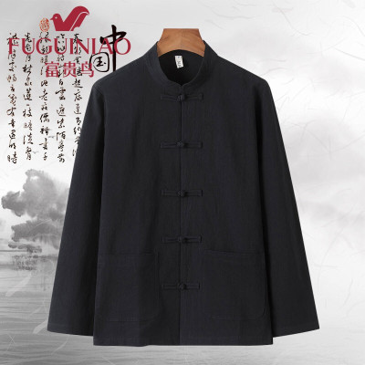 富贵鸟春季中国风唐装亚麻长袖衬衫男士棉麻中式盘扣立领汉服2021衬衣男外套