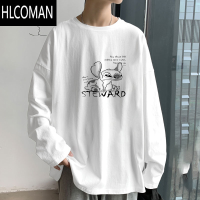 HLCOMAN男士秋装白色长袖t恤圆领宽松内搭体恤港风秋衣服打底衫