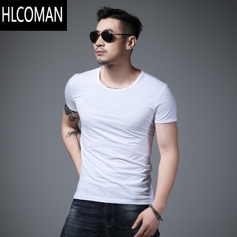 HLCOMAN男士白色打底衫男短袖内搭修身薄款t恤简约紧身弹力t