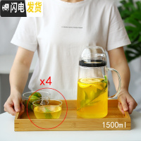 三维工匠全密封防尘玻璃冷水壶2大容量凉白开水杯耐热高温防爆家用放冰箱 1.5乐檬壶+4只杯盖+大茶盘凉水壶