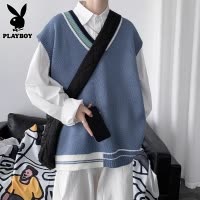 花花公子V领毛衣背心男士秋冬季潮牌青少年学院风拼色针织衫马甲