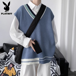 花花公子V领毛衣背心男士秋冬季潮牌青少年学院风拼色针织衫马甲