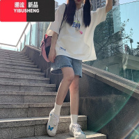 YIBUSHENG美式复古牛仔短裤女季高腰显瘦直筒裤休闲学生百搭阔腿五分裤子