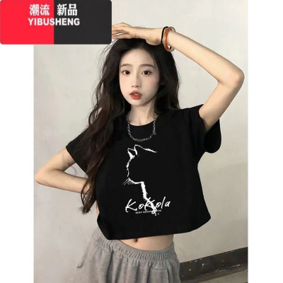 YIBUSHENG黑色短款T恤短袖2024新款女季美式正肩猫咪露脐热辣上衣INS小众