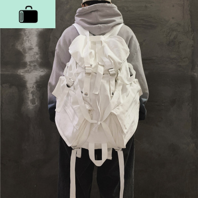 双肩包女大容量机能风白色飘带包工装潮街拍男韩版高中大学生书包NEW LAKE