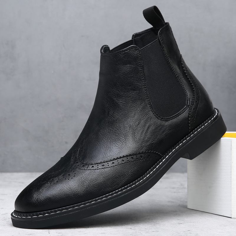 切尔西靴男英伦风花短靴软皮复古高帮男款皮靴秋冬季加绒马丁靴