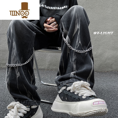 YANXU扎染牛仔裤男款夏季潮牌痞帅炸街直筒长裤设计感小众阔腿休闲长裤