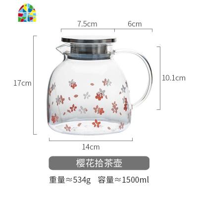 原创家用可高温冷水壶玻璃凉水壶花茶壶扎壶冷水杯套装 FENGHOU 樱花拾茶壶(1500ml)