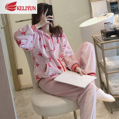 可莉允冬季睡衣女网红加厚法兰绒开衫拉链连帽冬天珊瑚绒外穿家居服套装睡衣