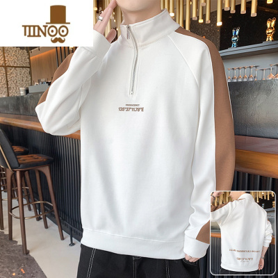 YANXU可翻半高领卫衣男款潮牌套头上衣服青少年长袖T恤拼色秋装