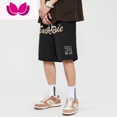 七斓潮牌欧美高街字母发泡直筒阔腿短裤男夏季oversize运动五分中裤子
