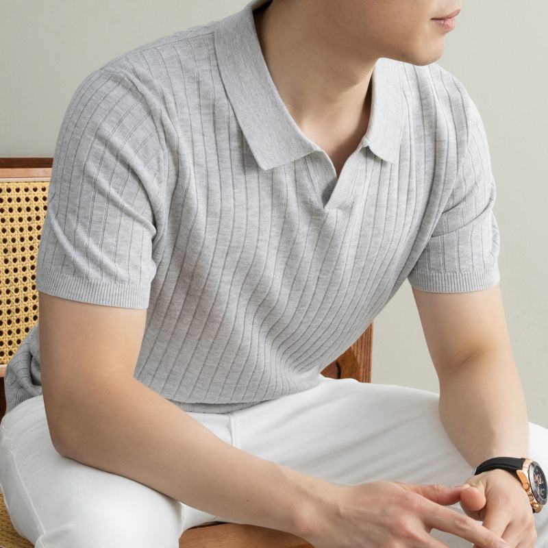 老钱风天丝亚麻针织polo衫男款2026夏季新款海鸥领提花短袖男T恤