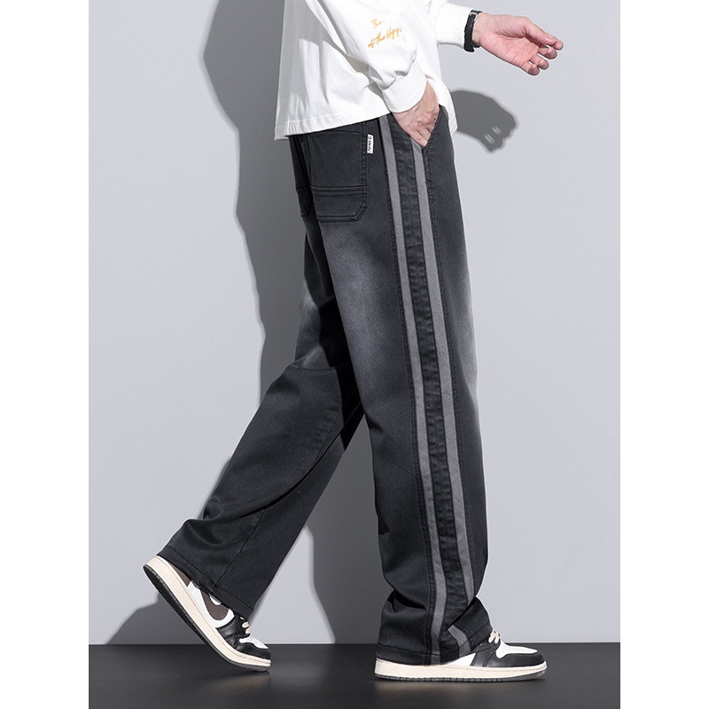 秋冬新款高级感直筒裤宽松条纹休闲阔腿潮牌垂感仿牛喷马骝拖地裤