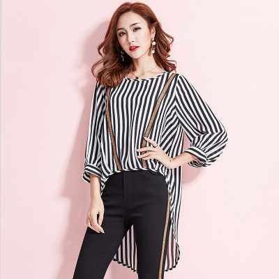 春季新款女装灯笼袖七分袖雪纺衬衫不规则条纹T恤