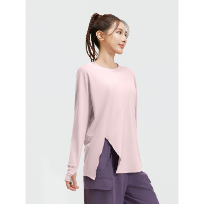 新款开叉宽松瑜伽服长袖女跑步训练健身运动上衣