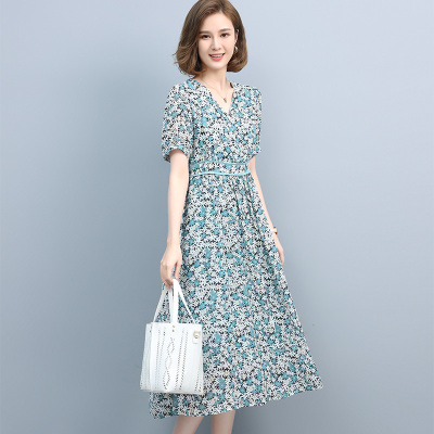 班俏BANQIAO雪纺连衣裙女夏2021年新款女士连衣裙时尚款中长款气质薄款遮肚子显瘦碎花裙子潮女装829兰白花L