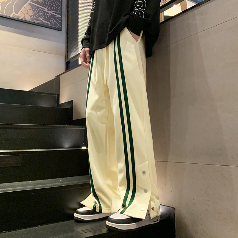 秋冬新款男士休闲裤韩版潮牌条纹排扣直筒长裤宽松垂坠感阔腿裤子