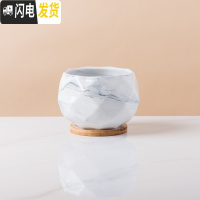 三维工匠多肉花盆创意个性大理石纹陶瓷植物肉肉北欧小花盆大口径带托盘 灰色菱形带竹托 小花盆容器