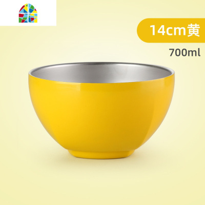 个性彩色碗304不锈钢碗高颜值家用双层隔热防烫饭碗汤碗餐具单个 FENGHOU 12cm/绿色单个